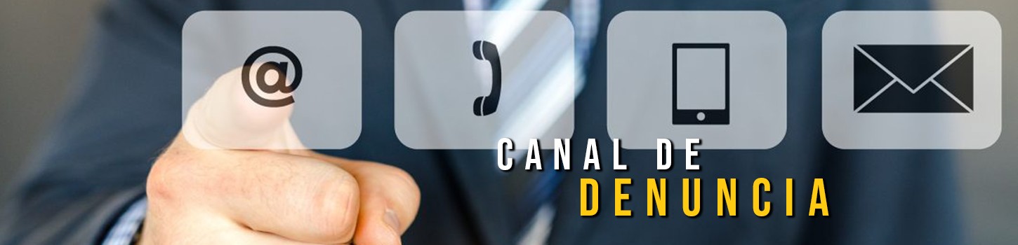 Mão acionando painel digital com ícones de contato do canal de denúncia